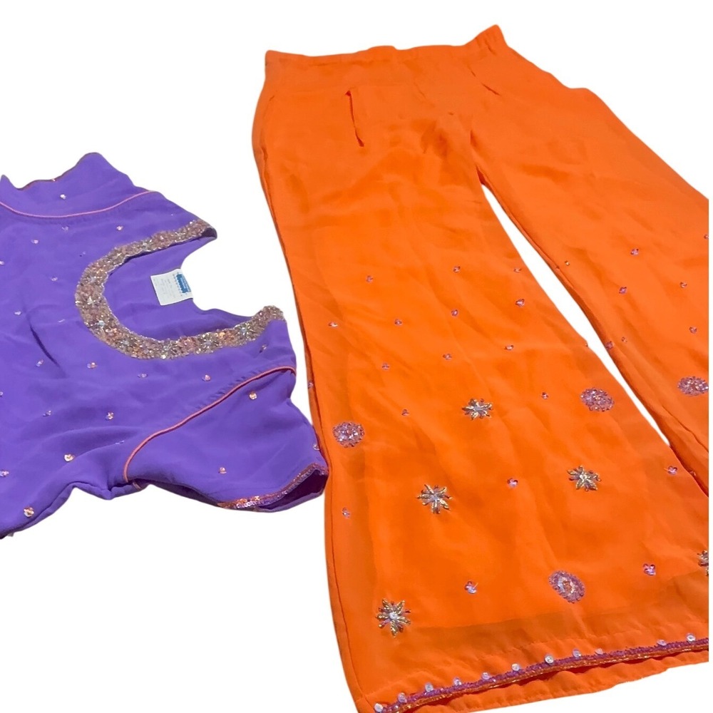 Unbranded Salwar Kameez Women Size M Purple Orange Sequin Embroidered 2pc Set